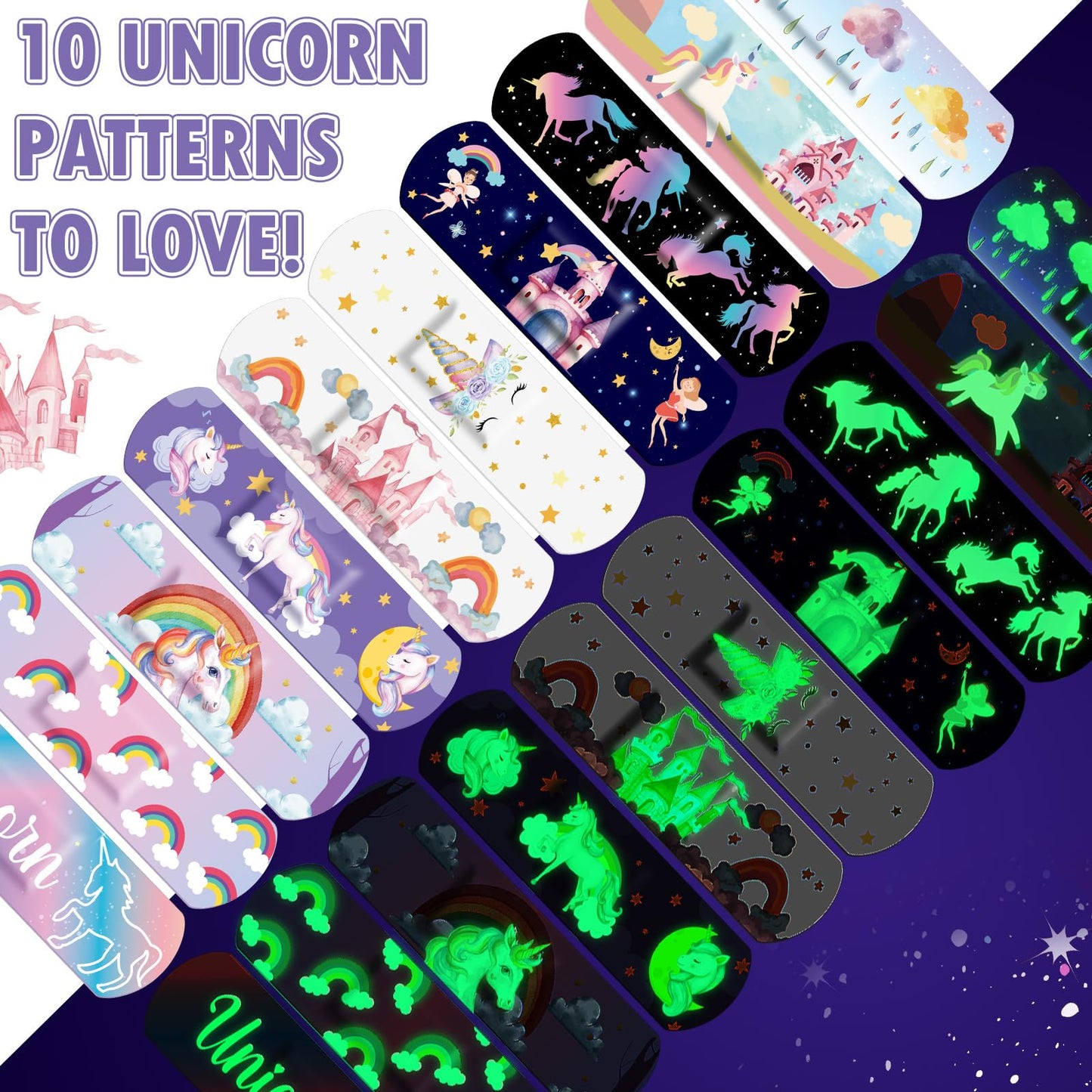 Threlaco 100 Pcs Glow in the Dark Bandage for Kids Cute Breathable Waterproof Neon Bandages for Girls Boys Children Toddlers Adhesive Flexible Wrap for Cuts, Scrapes, Wounds (Unicorn)