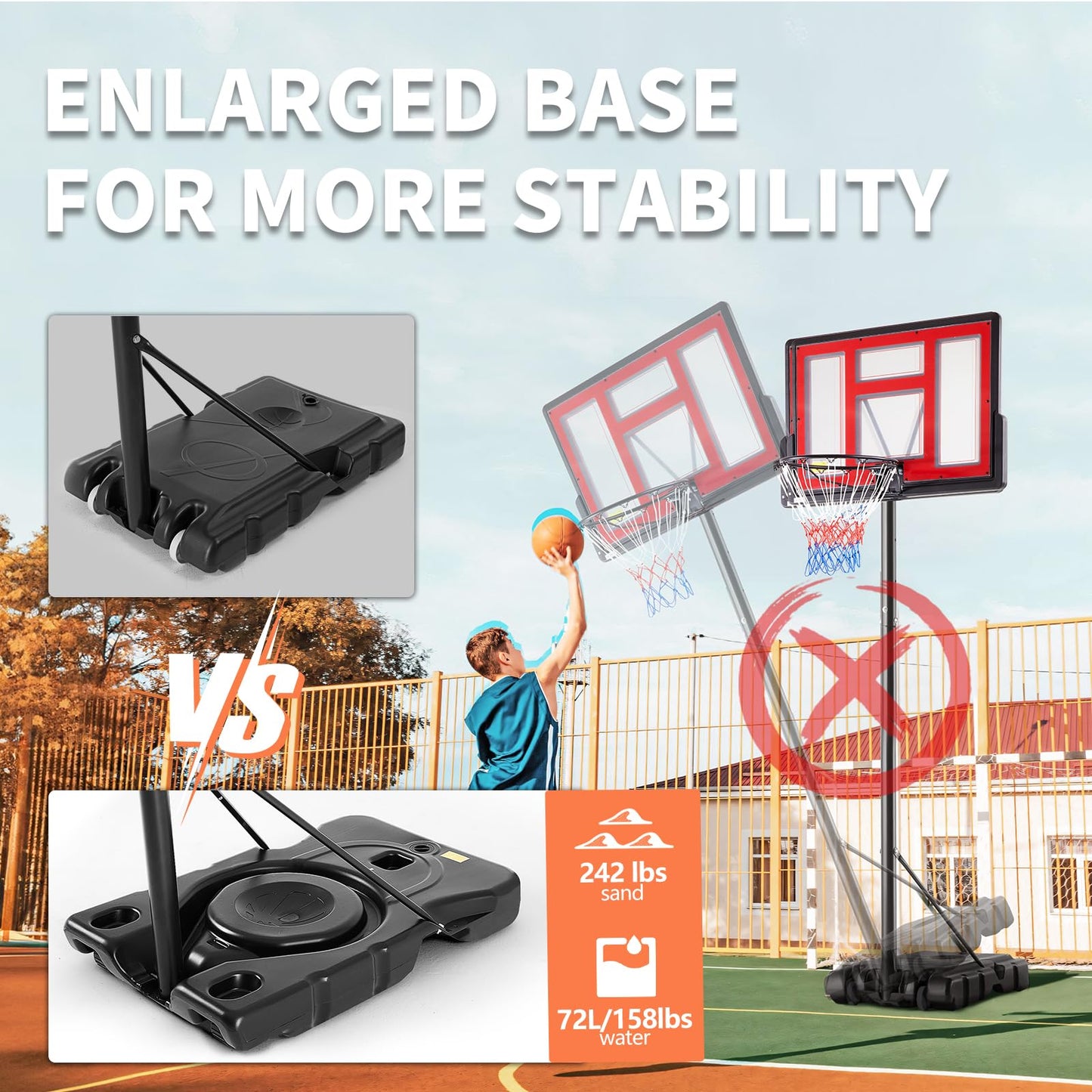 DUMOS 6.1-10FT Adjustable Height Portable Basketball Hoop Outdoor for Adult, 44 Inch Shatterproof Backboard w/Shock Absorbent Rim, Fillable Base, 2 Wheels for Swimming Pool/Indoor, Red