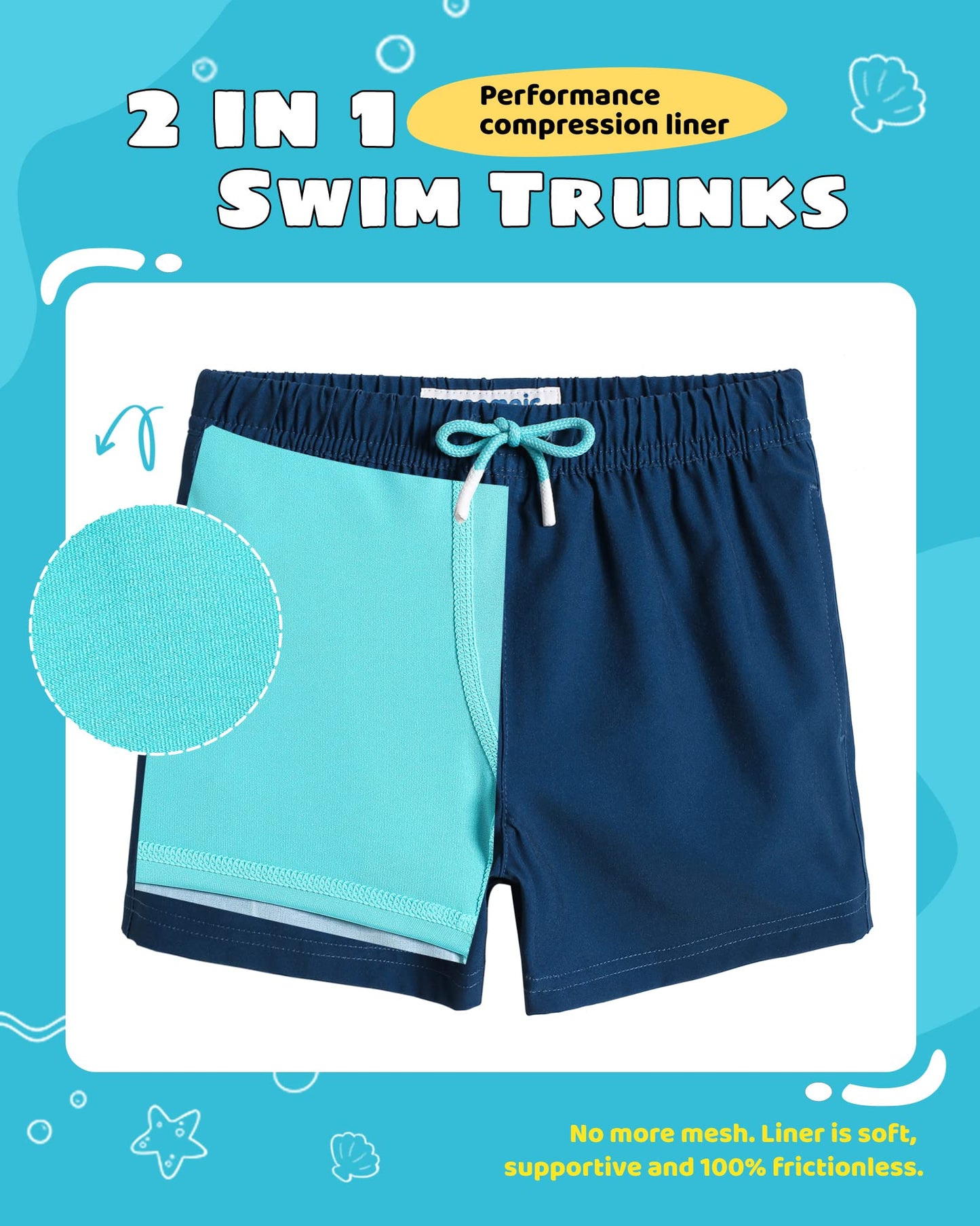 maamgic Boys Swim Trunks with Compression Liner Toddler Stretch Swim Shorts Quick Dry Swimming Trunks Boxer Brief 2 in 1 Beach Shorts Navy Lake Blue 5/6