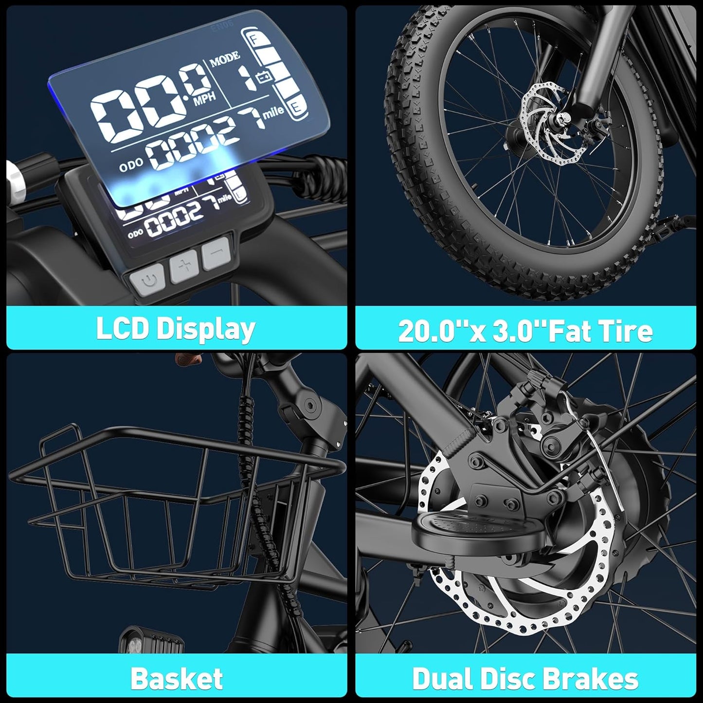 2 Seater Electric Bike Adults,1500W 30MPH 33-70Miles 48V 20AH Removable Battery Ebike 20" x 3.0 Fat Tire Beach Mountain Commuting Electric Bicycles W/Fork Suspension UL2849