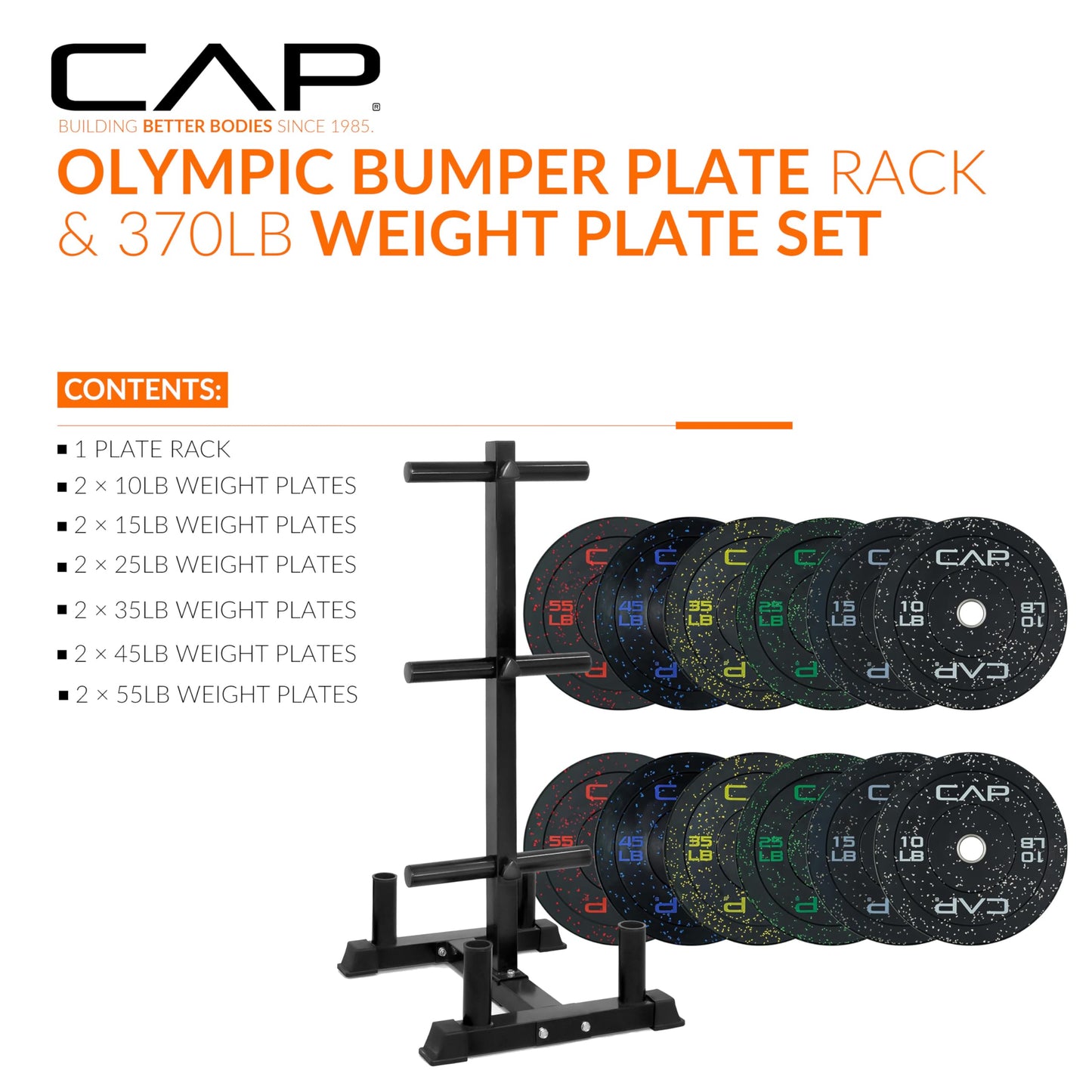 CAP 370 lb Economy Speckled Olympic Bumper Plate Set with Storage Rack, 2-Inch Olympic Plates, Medium Bounce Rubber Weight Plates with Steel Hub, 6 Weight Posts & 4 Barbell Holders for Weightlifting, Strength Training & Home Gym Workouts