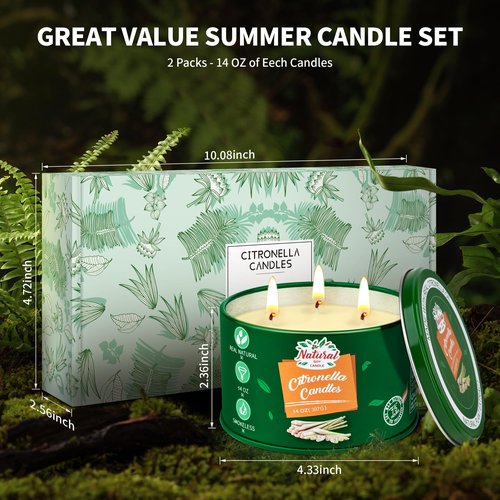 Citronella Candles Outdoor, Large 3-Wick Outdoor Candles for Patio Garden (14OZ Each), Nature Soy Wax Lemomgrass Outside Candle, Long Lasting Decorative Summer Candle for Camping, Backyard