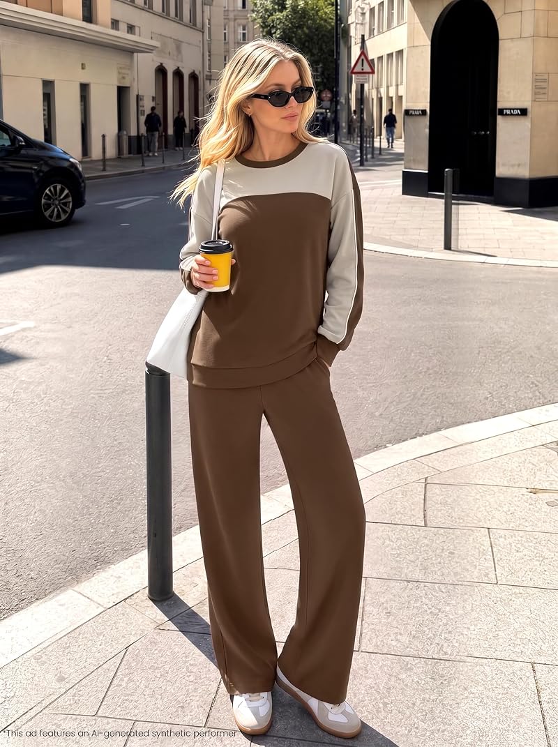 Casual 2-Piece Lounge Set for Women - Colorblock Knit Top & Wide-Leg Pants (Brown, Medium)
