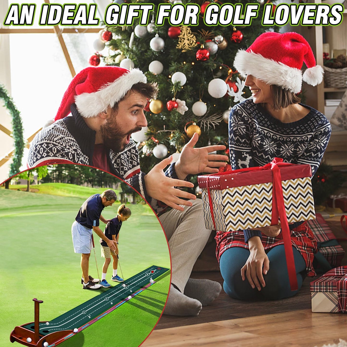 Kamitty Putting Green Indoor – Golf Putting Mat with Wooden Base, Automatic Ball Return, Velvet Golf Mat for Home Office, Premium Putting Green Gift for Men