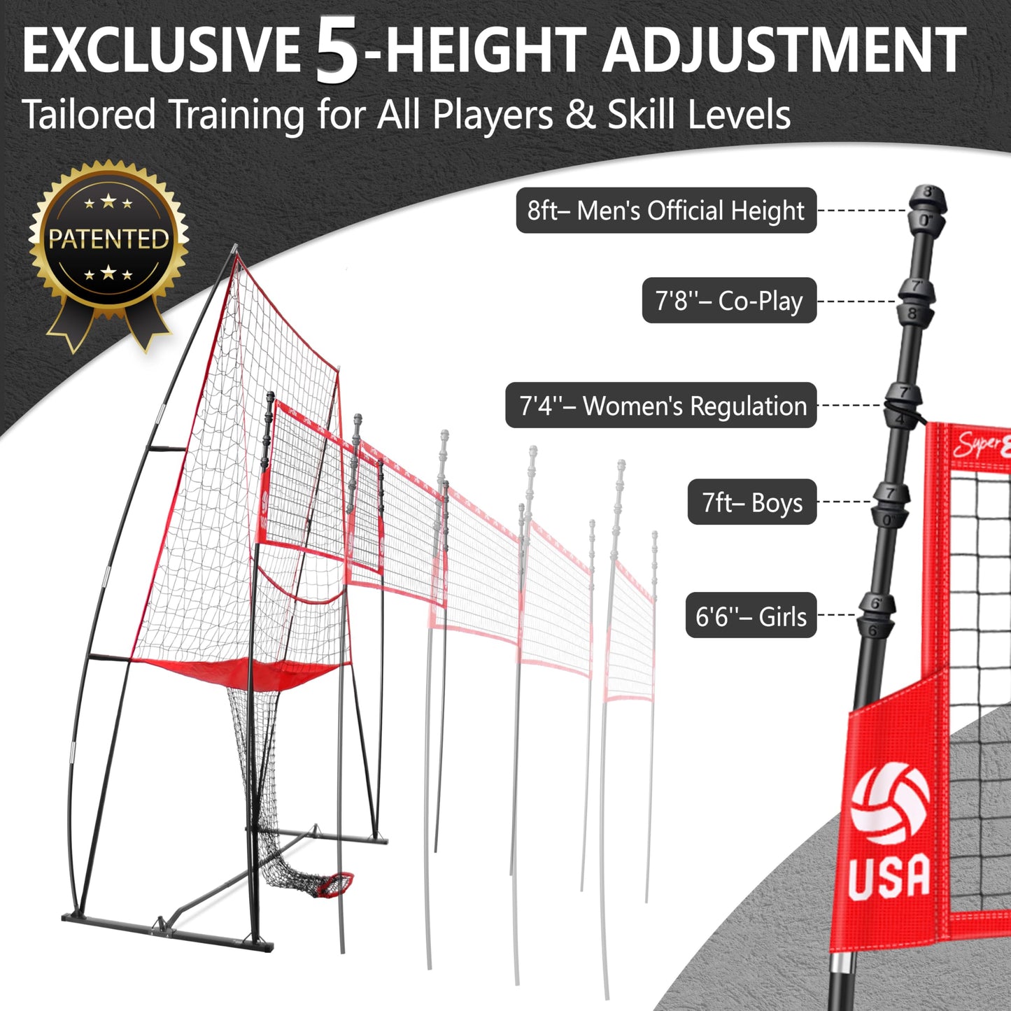 JOLORLY 2-in-1 Volleyball Practice Net Station with Patented 5-Height (6'6'' to 8'), Heavy Duty Training System for Hitting Spiking Serving, Backyard Indoor Outdoor Trainer Equipment (8x11 ft Red)