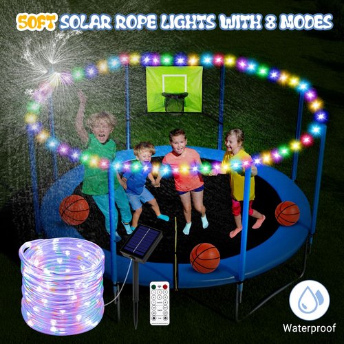 Trampoline Accessories Kit Kids, Trampolin Sprinkler/Basketball Hoop/50FT Solar Lights, Fits 8 10 12 14 15 16FT Trampoline Outdoor with 3 Mini Basketballs, Non-Damaging to Net, Features 8 Light Modes