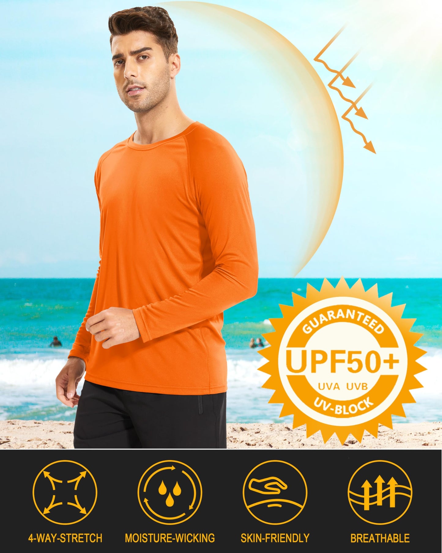 MAGCOMSEN Long Sleeve Shirts for Men Rashguard UV Sun Protection Running Fishing Hiking Swim SPF Athletic Shirt Orange