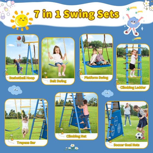 Stebovol 7 in 1 Backyard Swing Set 660lbs - Kid Outdoor Playground with Trapeze Bar, Platform Swing, Belt Swing, Climbing Rope & Ladder, Basketball Hoop, Soccer Goal for 3-8 Years Old