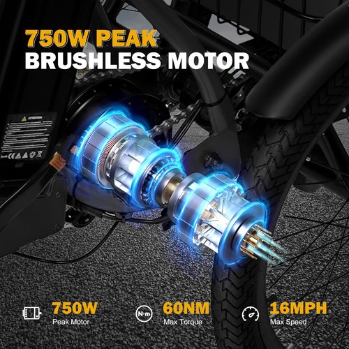 Qlife Triker Electric Bike, Peak 750W Brushless Motor Folding Trike Ebike, 468Wh Removable Battery, Step-Thru 3 Wheel Electric Bicycle, Up to 50 Miles, 20 Tire Tricycle for Adults Black