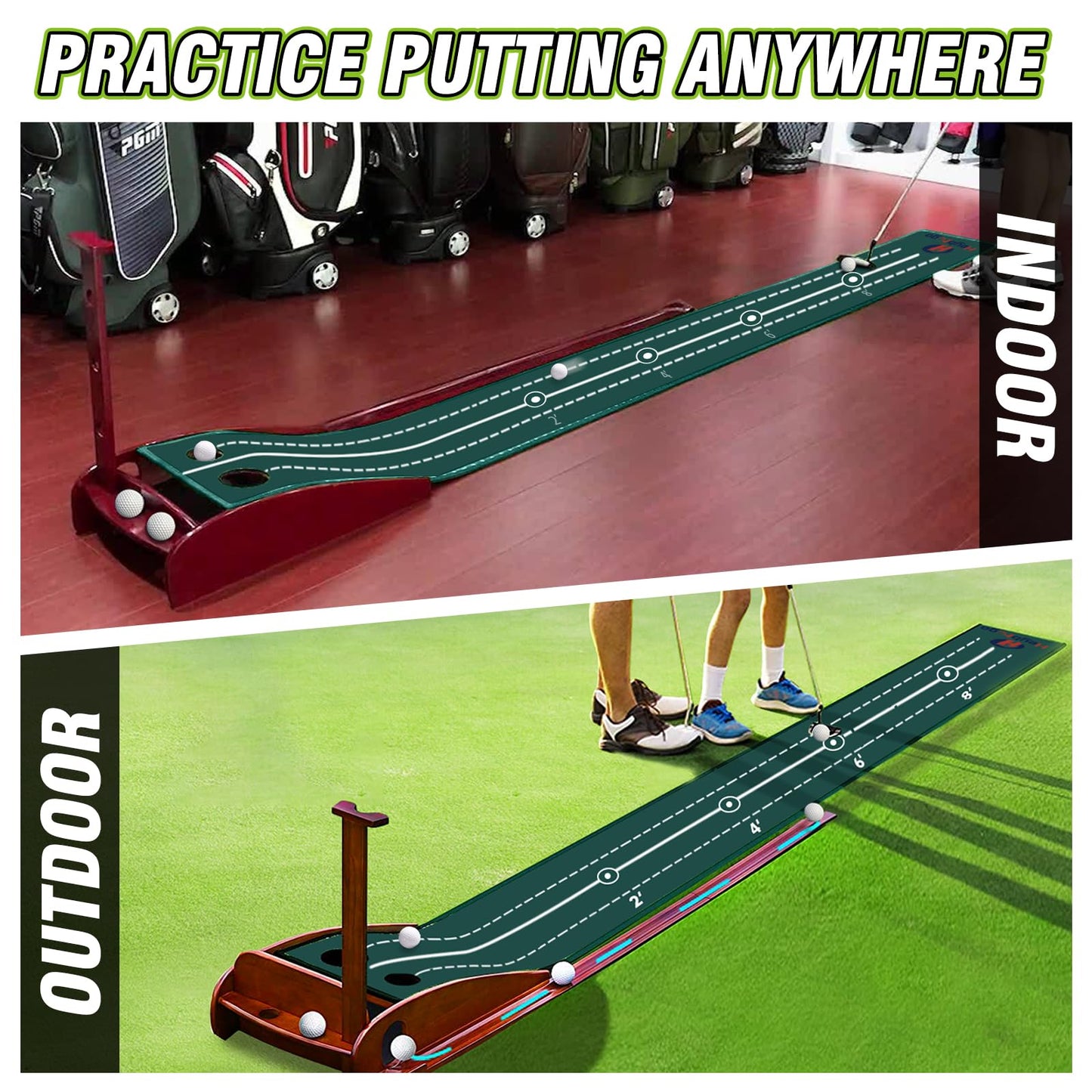Kamitty Putting Green Indoor – Golf Putting Mat with Wooden Base, Automatic Ball Return, Velvet Golf Mat for Home Office, Premium Putting Green Gift for Men