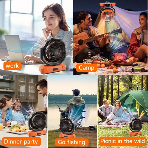 Sireck Camping Fan Rechargeable Portable Fan, 40000mAh Battery Powered Fan with LED Light, 6 Wind Speeds Cordless USB Desk Fan for Tent, Travel (Orange)