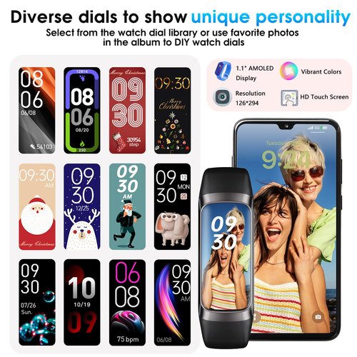 VUHIGIB Fitness Tracker, 24/7 Heart Rate Blood Oxygen Blood Pressure Body Temp Monitor Sleep Calorie Tracker with 1.1" AMOLED Touch Color Screen Pedometer Smart Watch Waterproof for Women Men