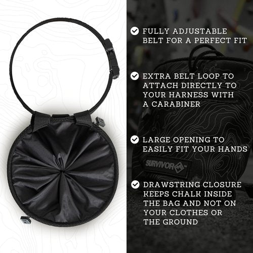 SURVIVOR Chalk Bag + Chalk Ball + Liquid Grip - Iconic Topographical Map, Draw String Closure, 2 Zippered Pockets, & Brush Holder - Bag for Rock Climbing, Bouldering, Weightlifting, Gymnastics & More