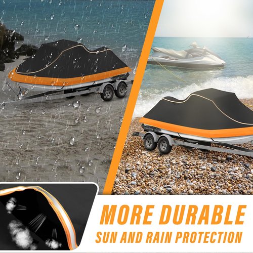 CoukouCover Jet Ski Cover, Heavy Duty Waterproof Jetski Covers, 3 Seater PWC Cover with Reflective Strips and Vents for Seadoo Yamaha Kawasaki Polaris, Fits Lengths from 126-135” (Black&Orange)