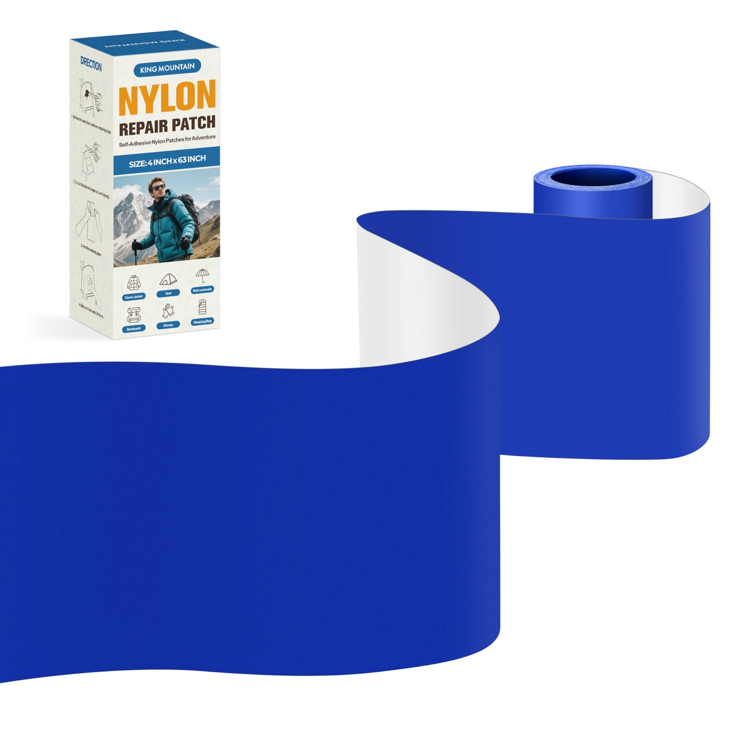 KING MOUNTAIN Self Adhesive Nylon Fabric Repair Tape, 4×63 Inches, Quick Down Jacket Repair Patch, Waterproof Outdoor Gear Patch Kit for Tent,Backpacks,Umbrella, Gloves, Sleeping Bag (Blue)