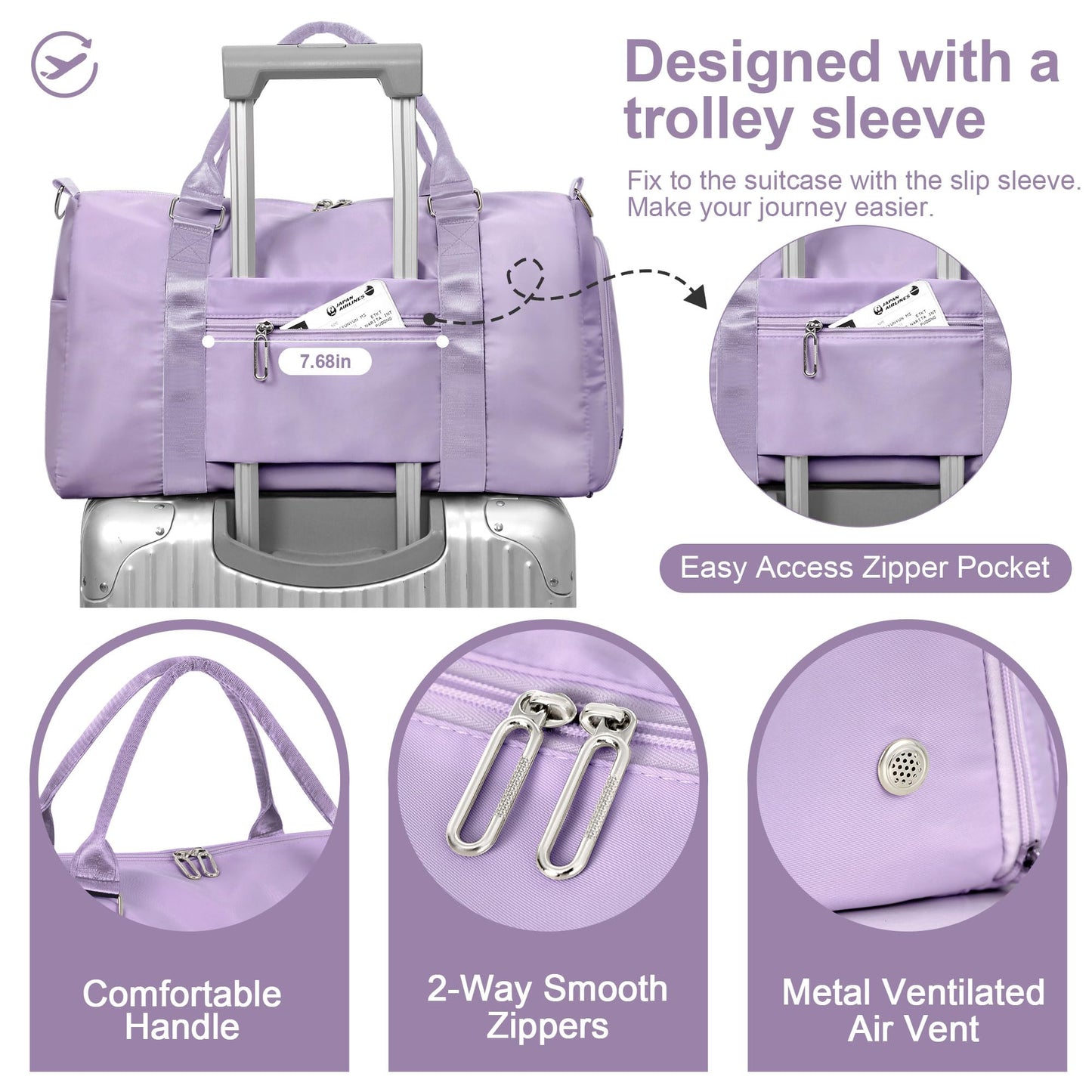 FIORETTO Womens Gym Tote Duffle Bag with Wet Pocket & Shoe Compartment, Sports Duffel Overnight Weekender Hospital Workout Carry on Bag for Girls, Ideal for Travel, Swimming, Dance, Ballet Purple