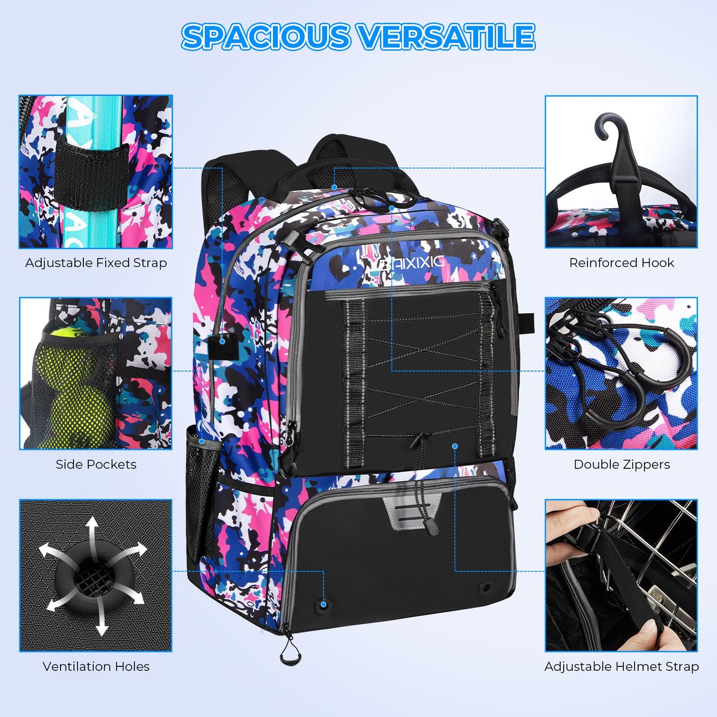 BAIXIXIG Lacrosse Bag for Kids and Youth, Lacrosse Backpack with Helmet Holder and Shoes Compartment, Waterproof Field Hockey Gears Bag for Boys & Girls, Pink