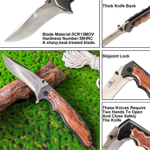 DOOM BLADE 9.7in Folding Pocket Stainless Steel Assisted Opening Knife with Pocket Clip,Seat Belt Cutter, Glass Breaker, Wood Handle for Men Women for Outdoor, Tactical, Survival and EDC