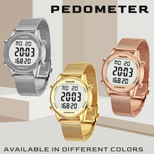 TIMEURE Women's Step Counter Watch with Stainless Steel Bracelet, Stylish Design, No App, No Charging Needed for Step, Calorie, Distance, Alarm, Countdown Timer，TU-2401(Gold)