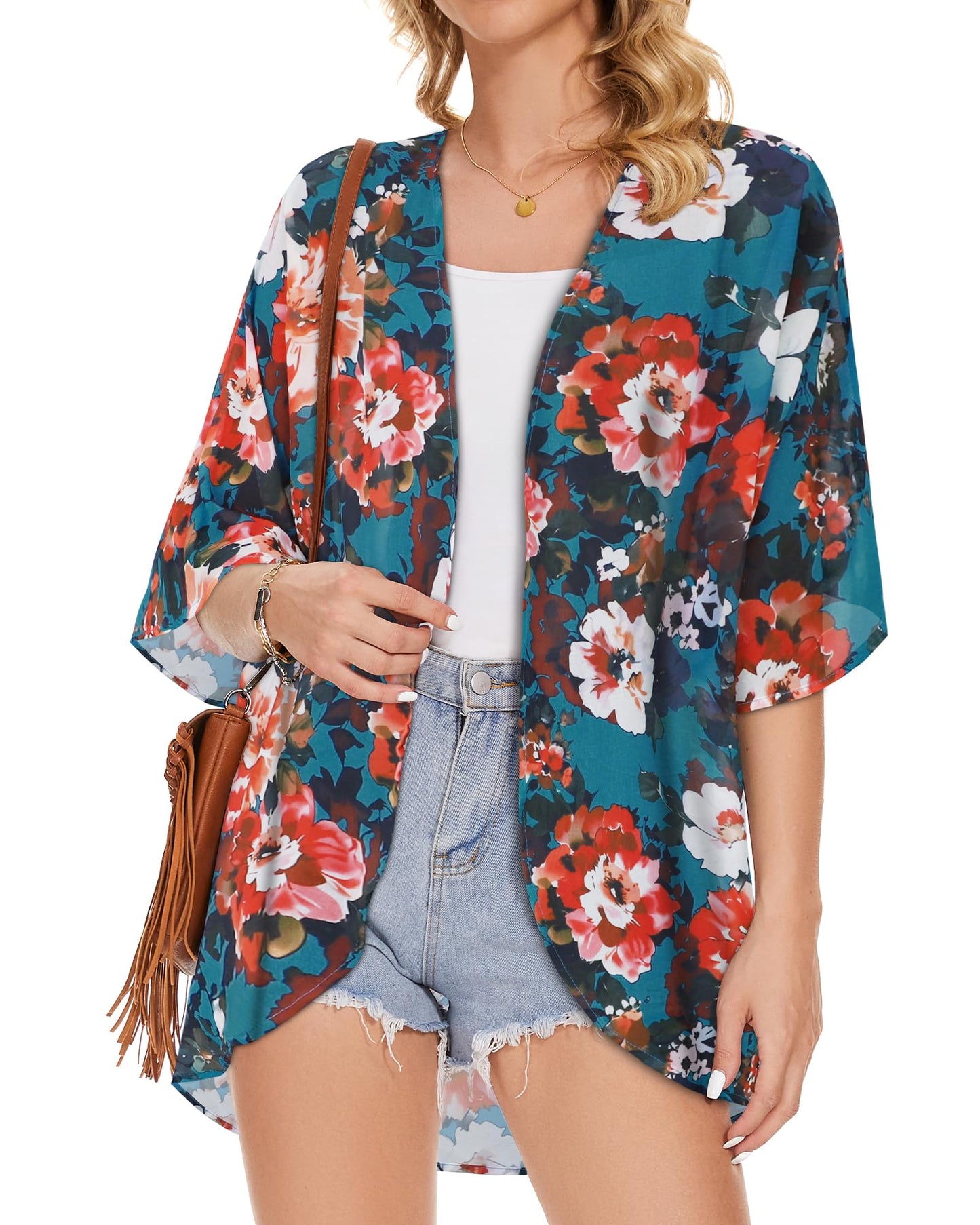 Women's Floral Kimono Print Puff Sleeve Loose Cardigan Cover Up Casual Blouse Summer Tops (Blue Red Floral, 3XL)