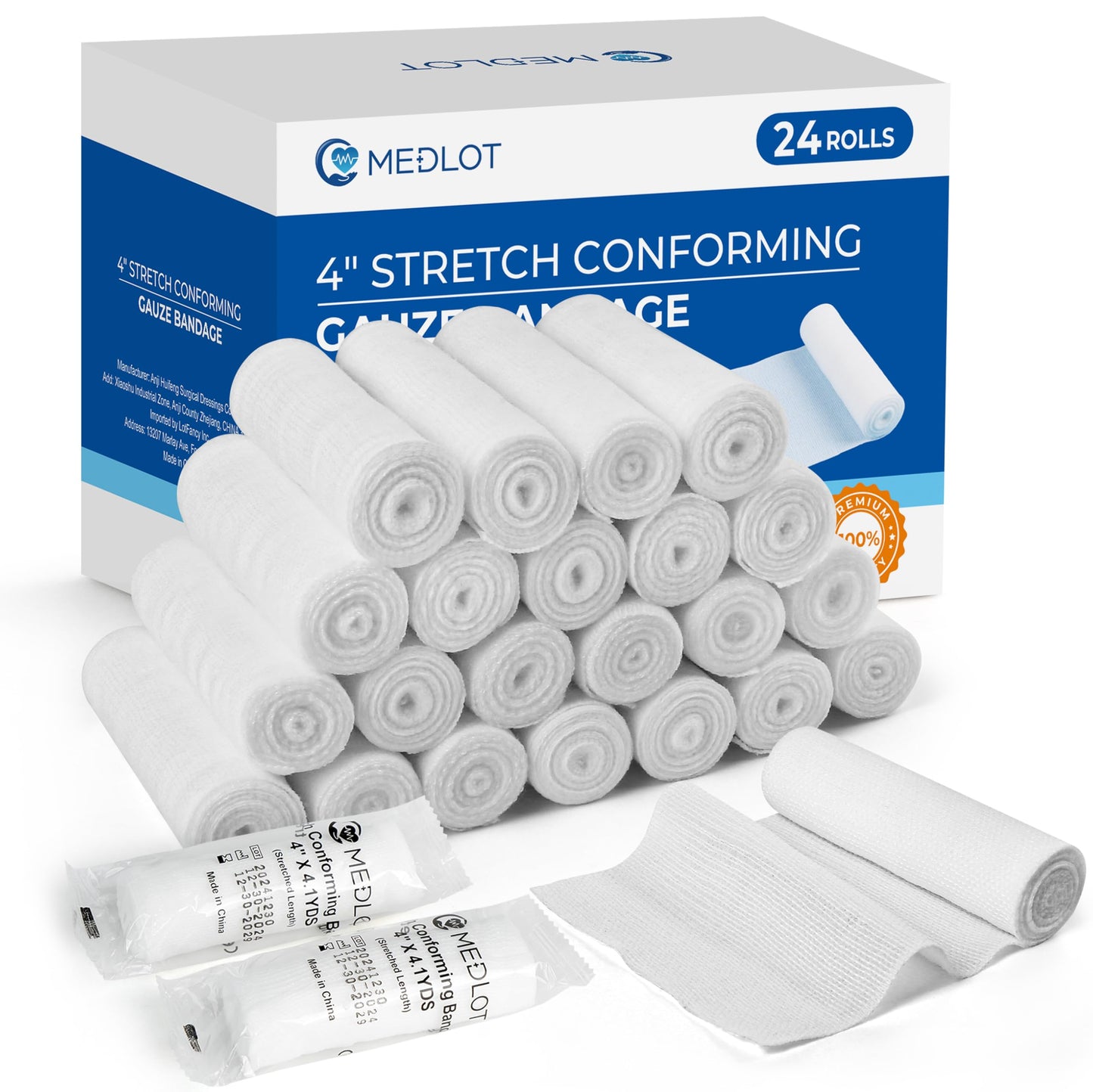 LotFancy Gauze Rolls, 24 Count, 4 Inch x 4.1 Yards, Rolled Gauze Wrap for Wounds, Conforming Stretch Bandage, Medical Supplies for First Aid