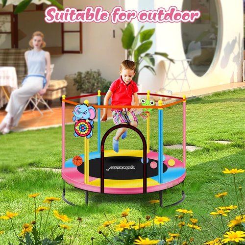 LASTJUMPER 60" Pink Indoor Trampoline for Kids 2-5, 5ft Mini Indoor & Outdoor Small Toddler Trampoline with Basketball Hoop, Dart Board, Ocean Ball,Baby Toys, Birthday Gifts for Kids