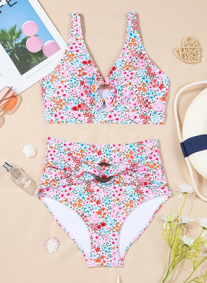 Herseas Pink Floral High Waisted Bikini Set - O Ring Front, Tummy Control