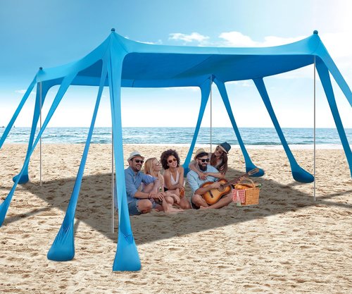 Beach Tent Sun Shelter, Outdoor Pop Up Shade Canopy UPF50+ Protection with 10 Sandbags 4 Stability Poles for Camping, Fishing, Backyard Fun (10×10 FT 4 Pole)