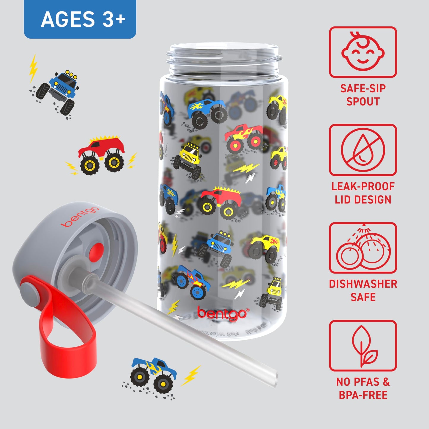 Bentgo Kids Water Bottle - Leak-Proof, Durable Tritan PFAS- & BPA-Free 15 fl oz, Kids/Toddlers Ages 3+ for School & Sports; Bite & Sip Spout, Carrying Handle, Dishwasher Safe (Trucks)