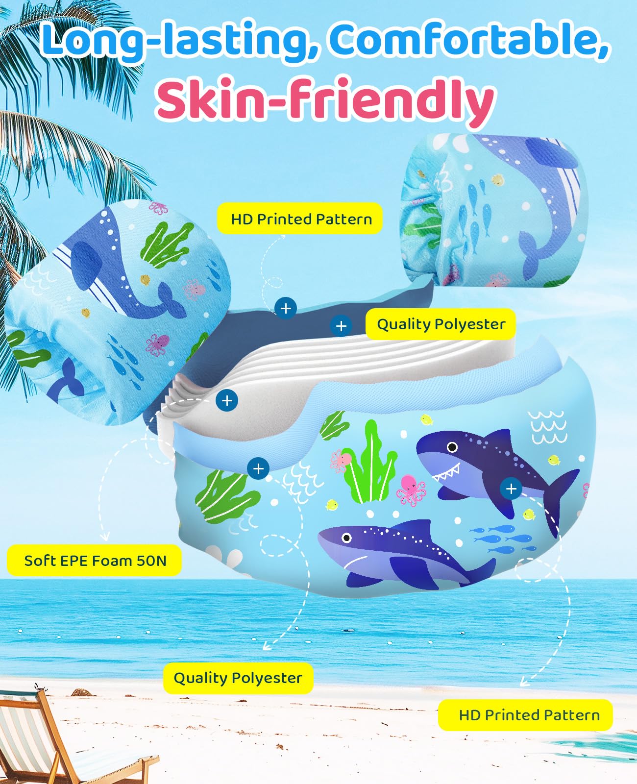 HeySplash Swim Vest for Kids, Toddler Pool Floaties Fit 22-55 Lbs, Children Swimming Vest with Adjustable Strap, Swim Jacket Water Wings Arm, Puddle Sea Beach Boat Jumper Boys Girls, Blue Shark