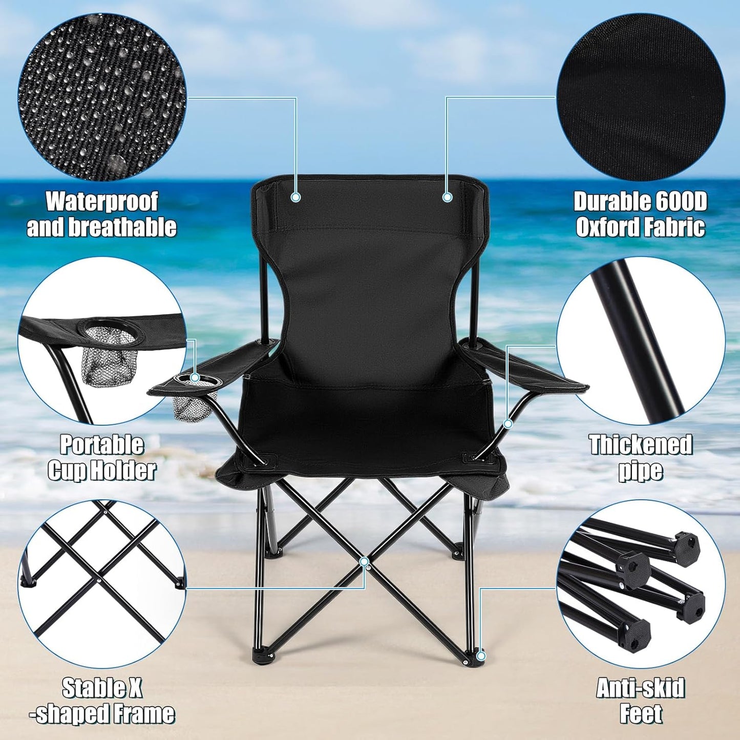 2 Sets Beach Chair with Umbrella Foldable Camping Chair Fold up Umbrella with Universal Clamp Large Portable for Outdoors Fishing Camping Hiking Travel Picnic Beach (Black,Blue,White)