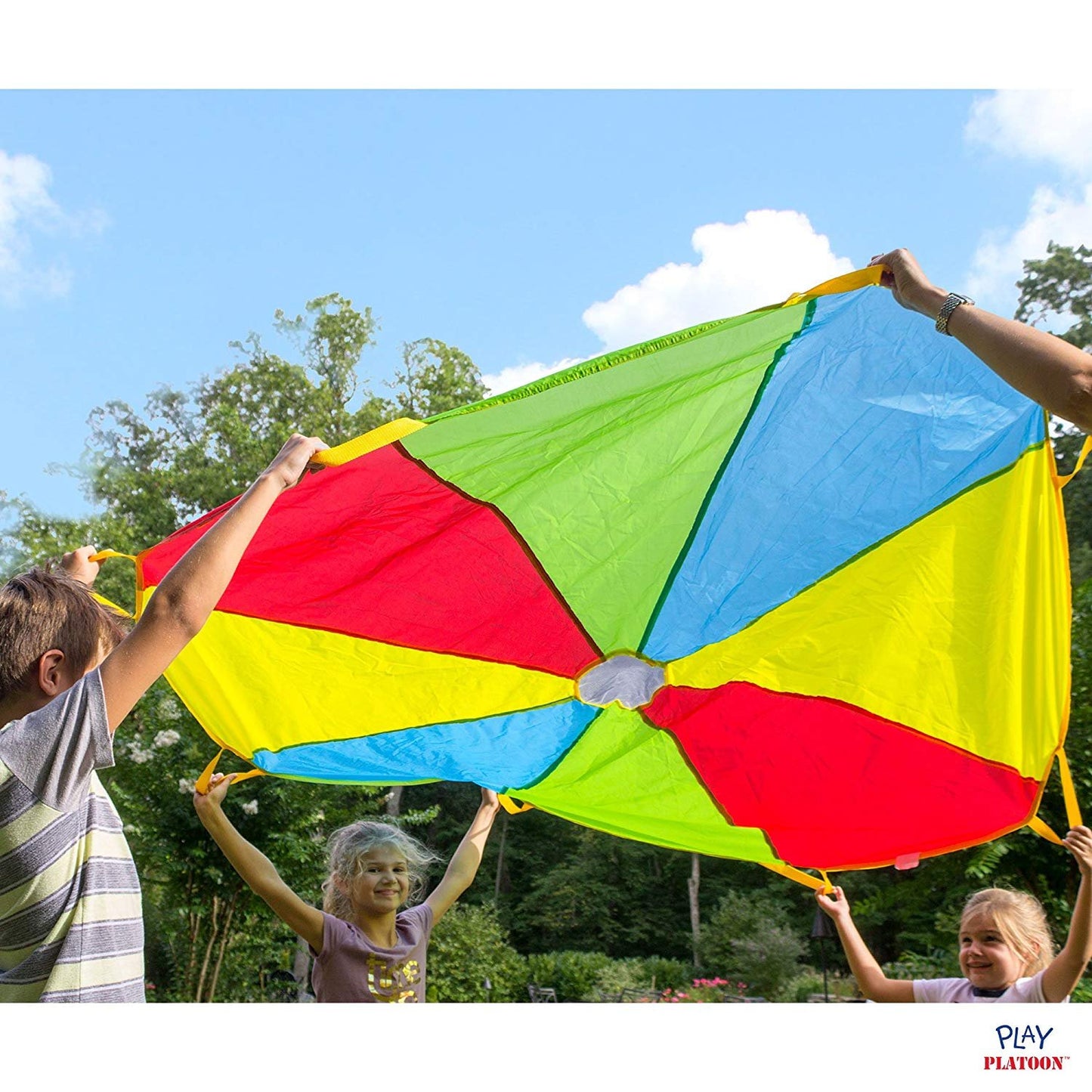 Play Platoon Rainbow Parachute Toy for Kids, 24 ft Play Parachute Game for Kids with 16 Handles, PE Equipment for Elementary School Gym Class, Backyard/Indoor Equipment