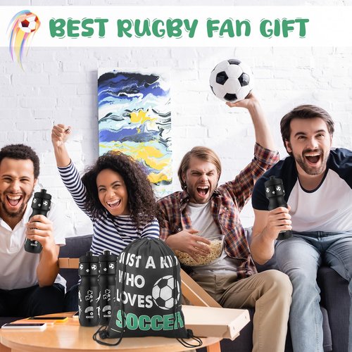 Reallnaive 12 Pcs Soccer Party Favors 24 oz Soccer Gift Water Bottle with Drawstring Bag Set Goodie Bags for Sports Team Gifts Birthday Decoration