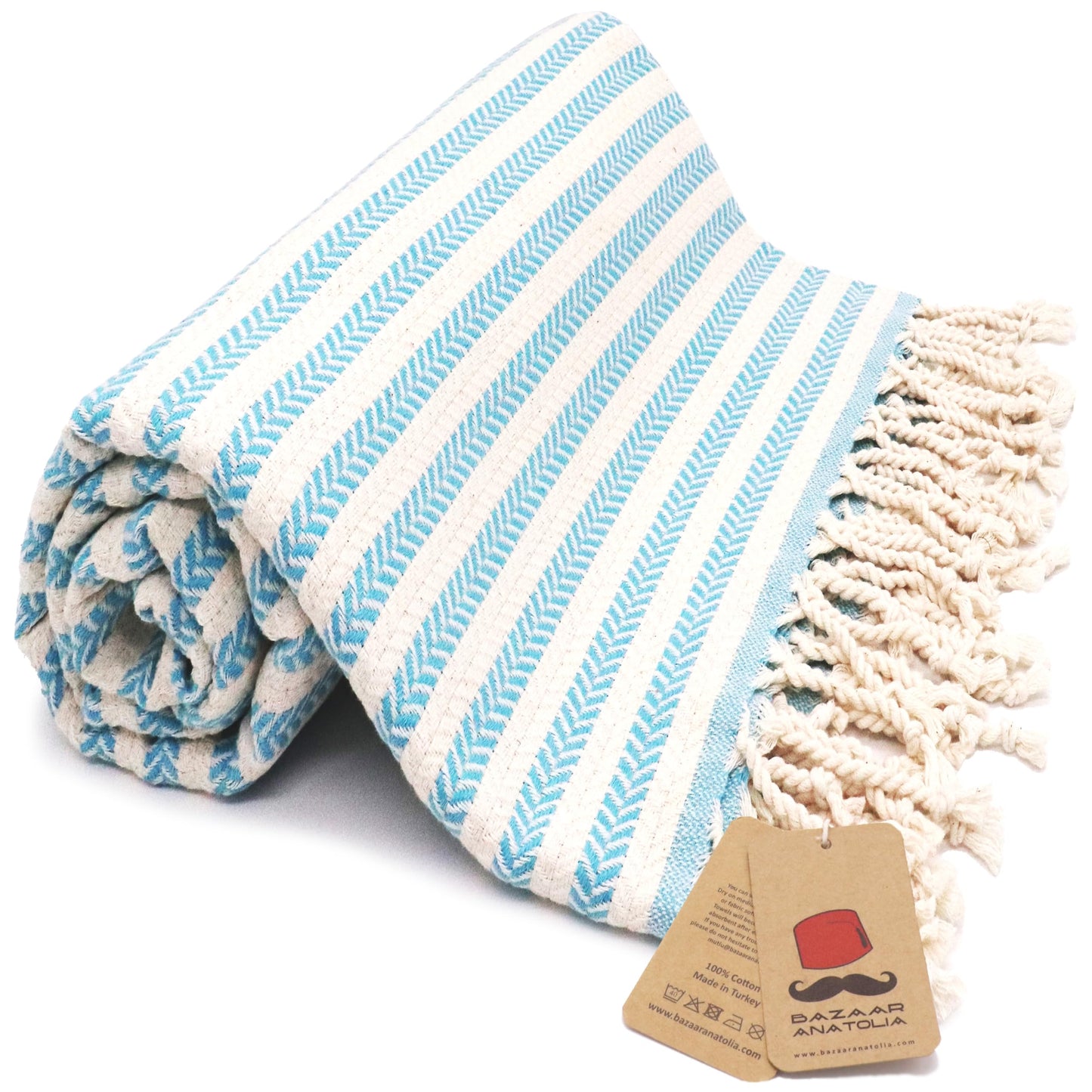 Bazaar Anatolia Turkish Beach Towel, 100% Cotton, 71x39 in, Arpa Turquoise