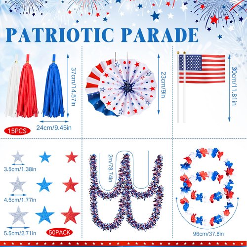 Simgoing 23 Pcs 4th of July Parade Patriotic Bike Decoration Kit Red White and Blue Bicycle Accessories Streamer Tassels Garland America Star Stickers for Independence Day Bike Parade Accessories