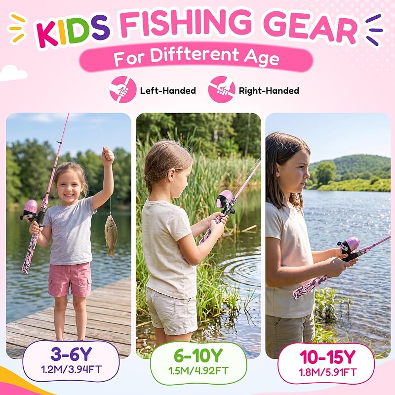 ODDSPRO Kids Telescopic Fishing Pole & Spincast Reel Kit - Pink, 4.92 ft Variation
