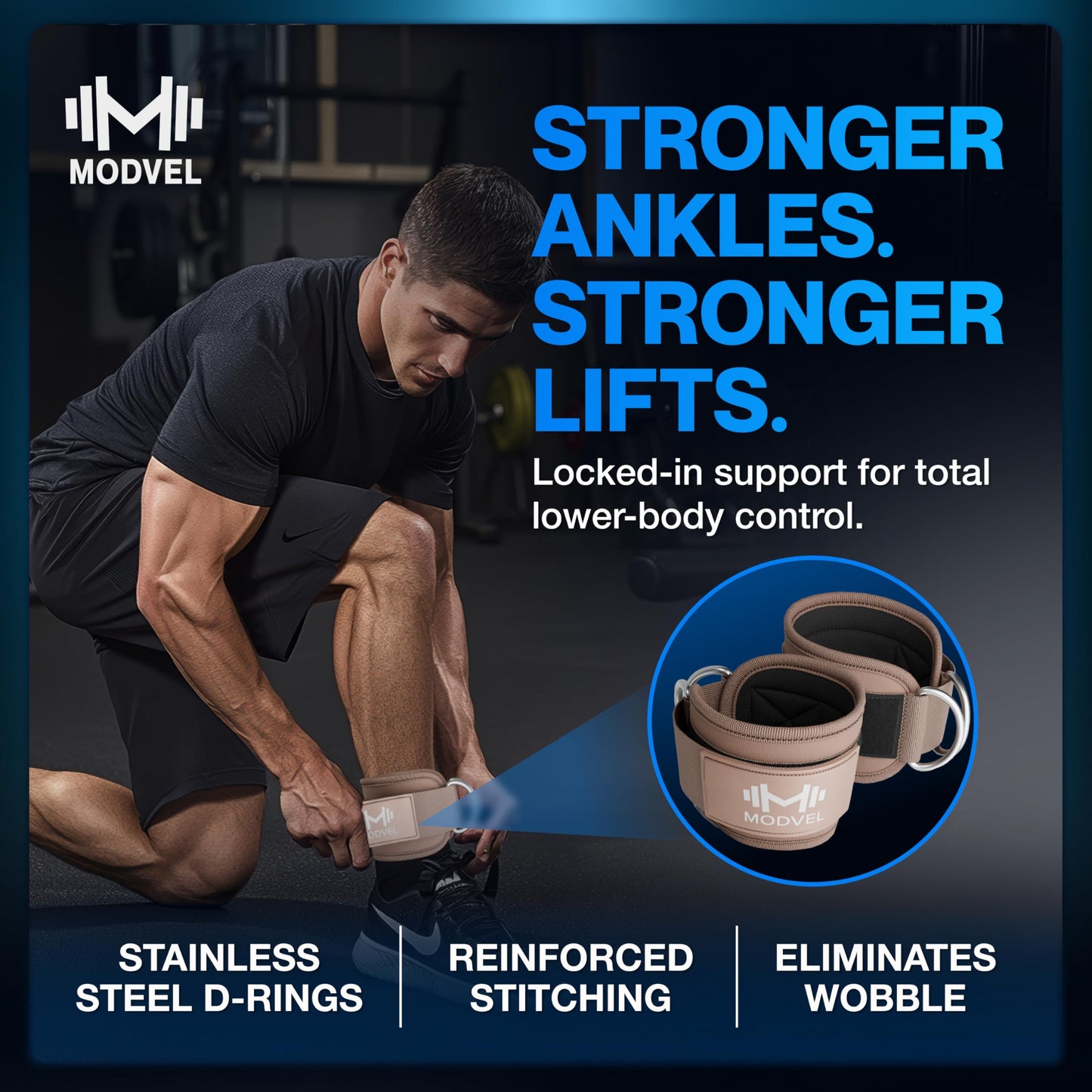 Modvel Ankle Strap (Single) for Cable Machine – Adjustable & Comfortable Gym Accessory for Strength Training, Weightlifting, and Injury Recovery – Durable Padded Support for Men & Women (Light/Brown)