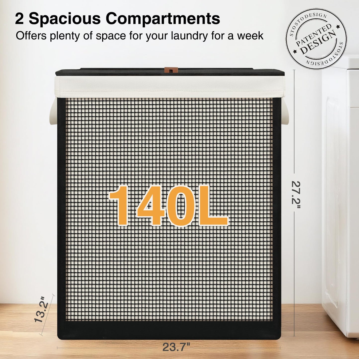 STO STO Double Laundry Hamper with Lid, 140L Large 2 Section Laundry Sorter, Laundry Basket with Removable Washable Canvas Liner Bag, Breathable Clothes Hamper for Bedroom Bathroom Laundry Room Closet