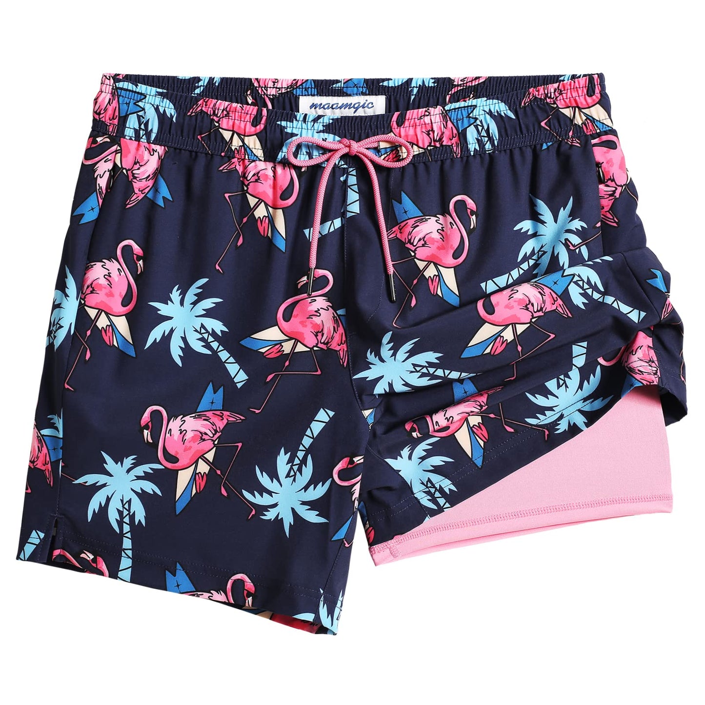 maamgic Mens Swim Trunks with Compression Liner 5 Inch, Quick Dry Bathing Suit with Zipper Pockets, Stretch No-Chafing Swim Shorts, Navy-Flamingo Palm Large