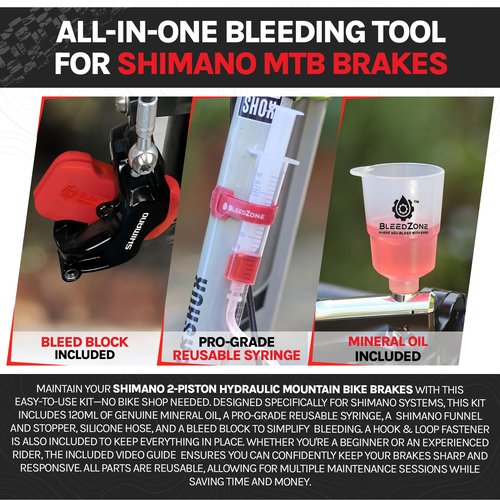 BleedZone Shimano Brake Bleed Kit with 120ml Mineral Oil - Hydraulic Brake Bleed Kit for Shimano Disc Brakes, Bike Brake Bleeder Kit, MTB Brake Bleed Kit, and Mineral Oil Brake Maintenance