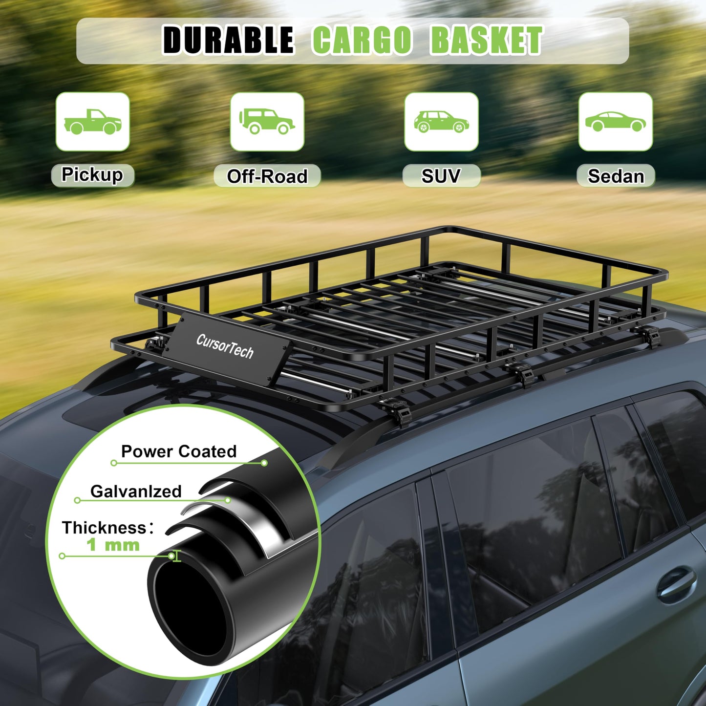CursorTech Roof Basket 64" x 39" Heavy Duty Roof Rack Cargo Basket 300 lbs Capacity Steel Rooftop Cargo Carrier Luggage Holder Rack for SUV Truck Car Travel Camping Storage