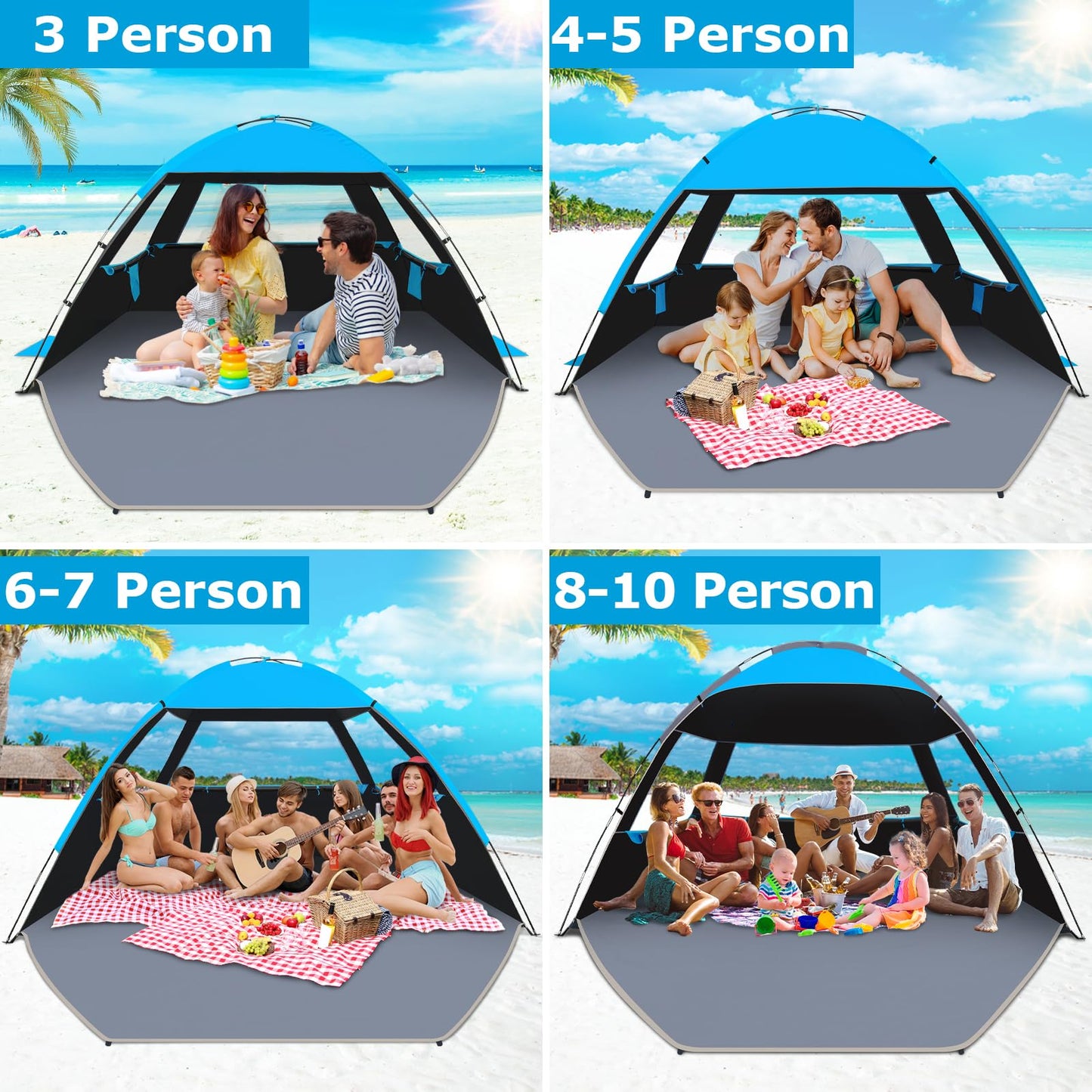 Gorich Beach Tent Sun Shelter for 3/4/6/8/10 Person with UPF 50＋ UV Protection, Lightweight & Easy Setup Beach Shade Canopy, Portable Beach Shade Tent Beach Cabana