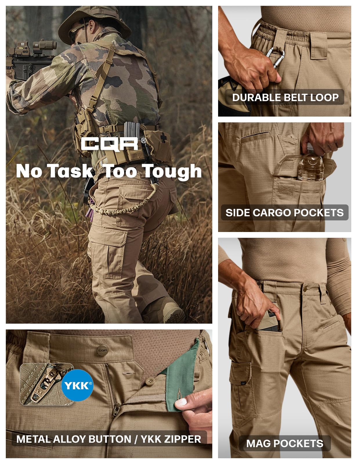 CQR Men's Tactical Pants, Water Resistant Ripstop Cargo Pants, Lightweight EDC Work Hiking Pants, Outdoor Apparel, Raider Cougar, 38W x 30L