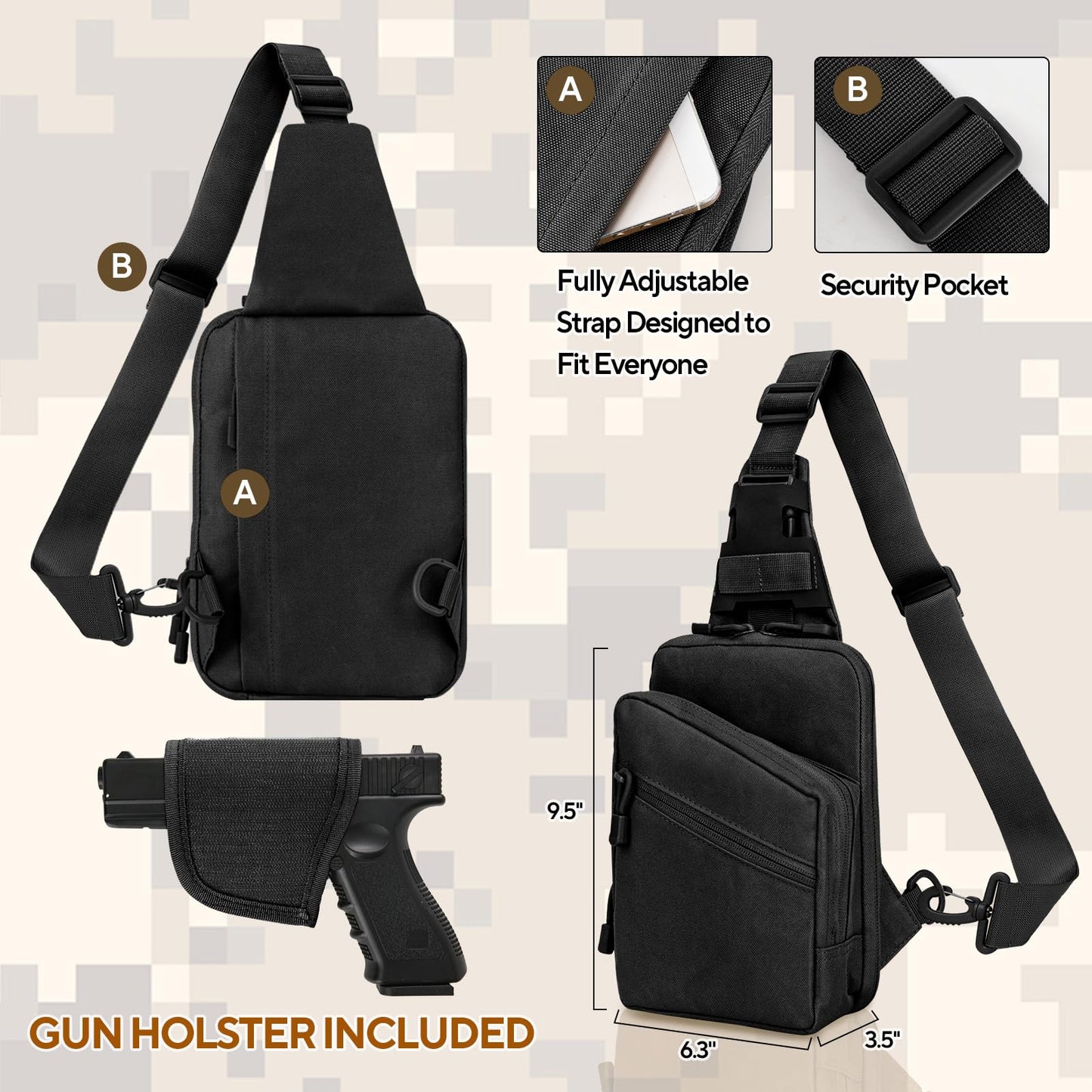 Vdones CCW Concealed Carry Chest Bag with Gun Holster, Adjustable Tactical Sling Bag Crossbody EDC Gun Carry Bag for Men