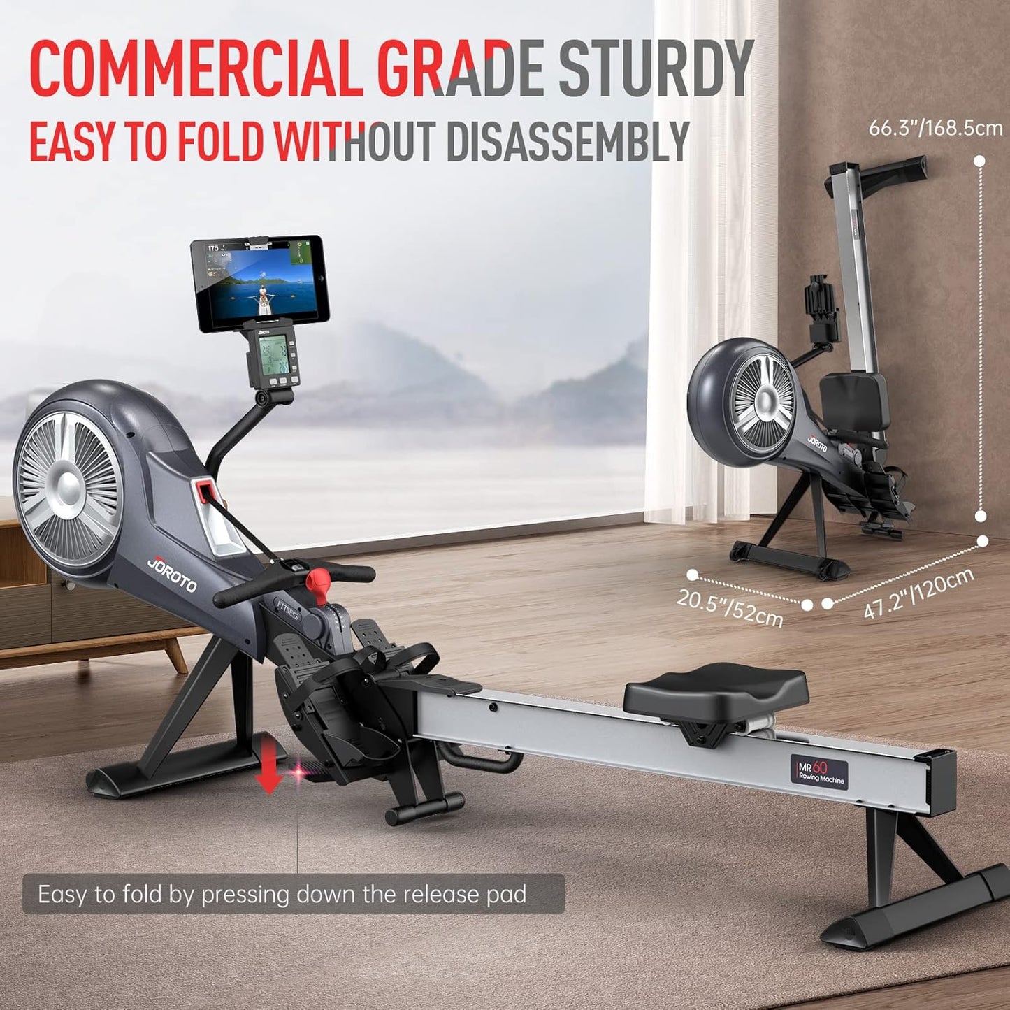 JOROTO Rowing Machine for Home Foldable, Air Magnetic Rowing Machines with 10-Level Adjustable Resistance, Quiet Ergonomic Seat，Bluetooth App, Max 350LBS, Space-Saving Home Gym, Gray