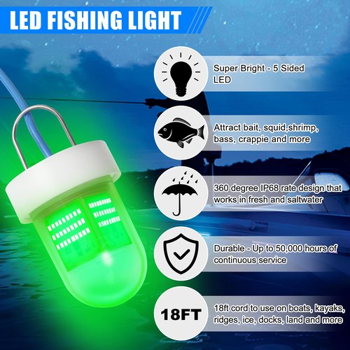 Underwater Fishing Light 80W 12V 40000 Lumens Green Attracting Fish Lights LED Submersible Fish Finder Lamp IP68 Waterproof for Freshwater and Saltwater Short