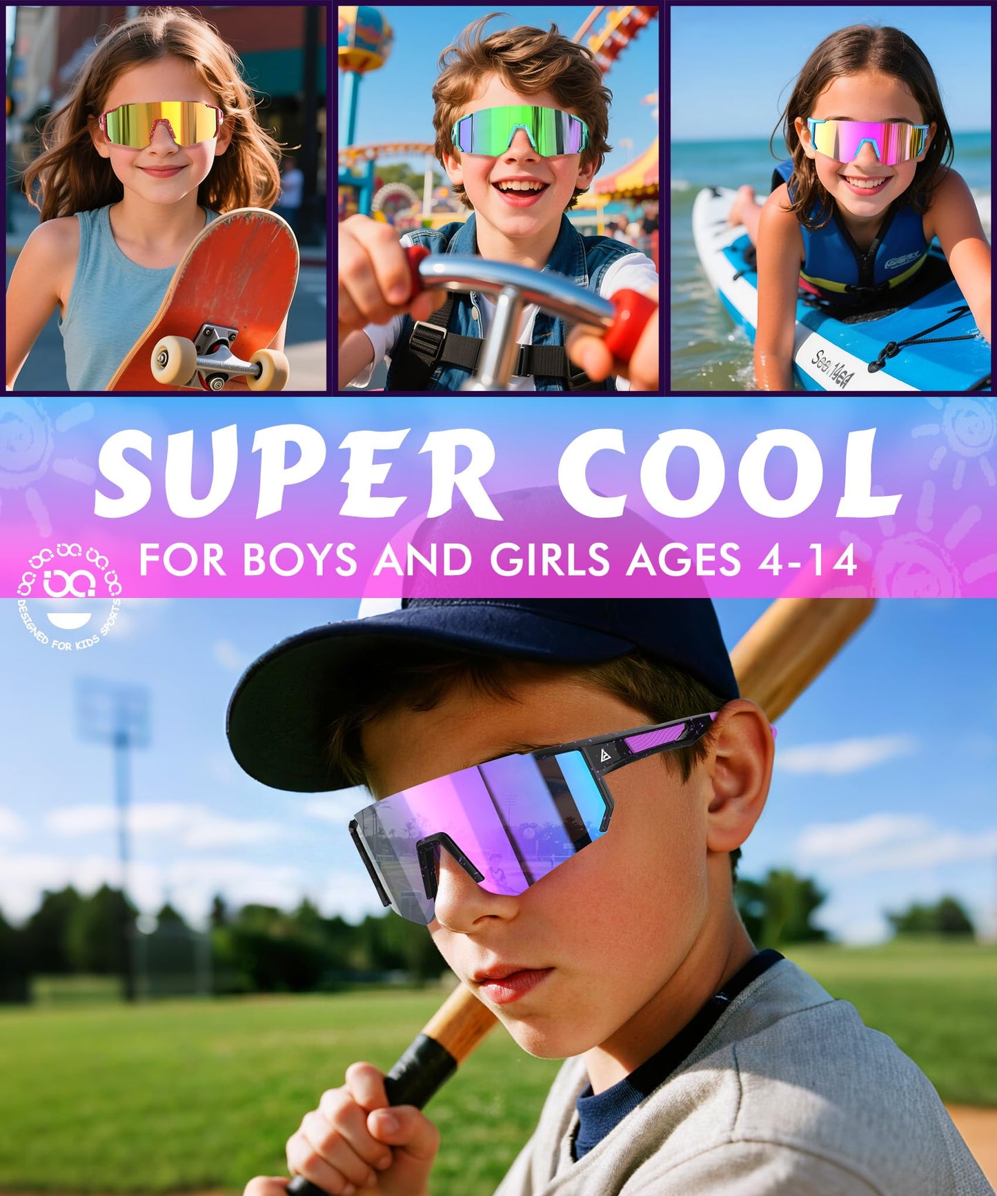 QALLY 3 Pack Kids Sunglasses Youth Baseball Sunglasses for Boys Girls Age 4-14, Cycling Softball Running UV400 Protection Sports