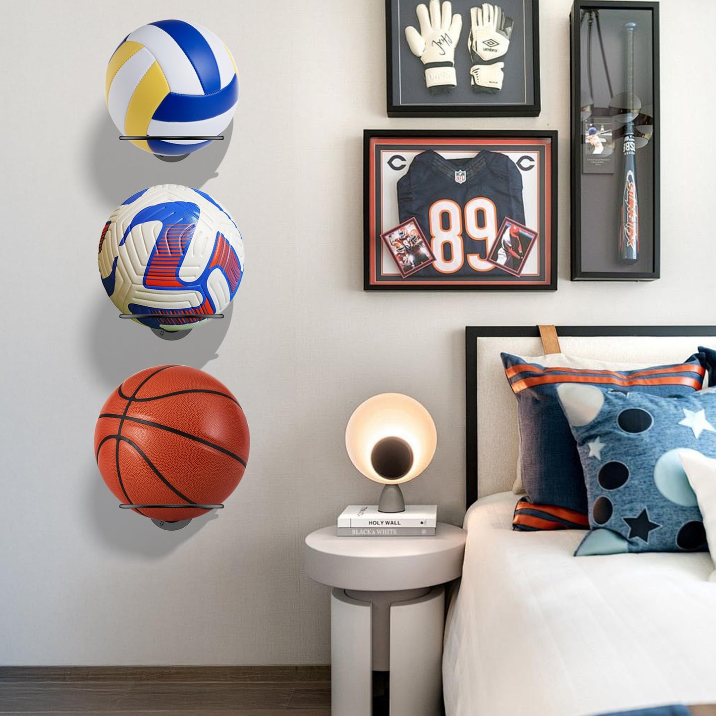 S SUCHEK Basketball Holder Wall Mount, Ball Holder Wall Mount, Ball Display Wall Storage for Basketball, Soccer Ball, Volleyball, Football, Rugby(4 Pieces, Black)