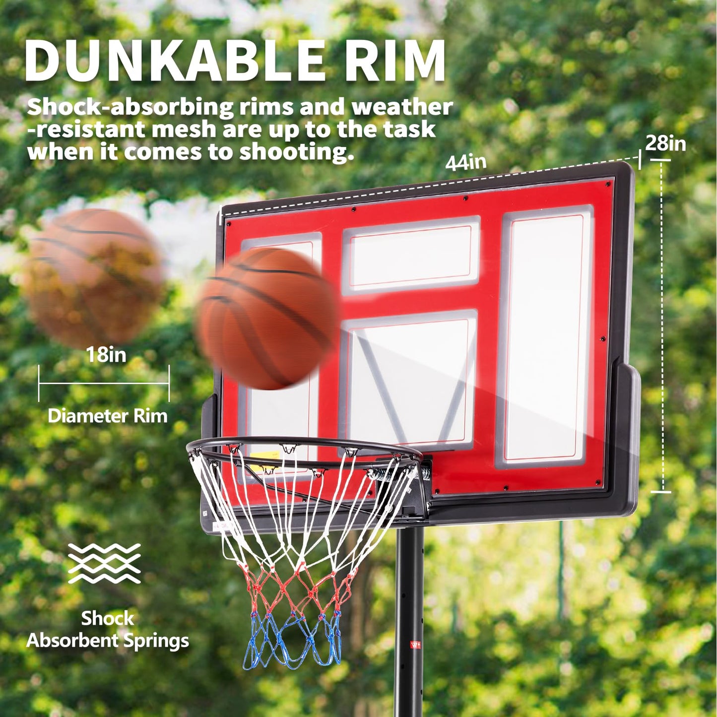 DUMOS 6.1-10FT Adjustable Height Portable Basketball Hoop Outdoor for Adult, 44 Inch Shatterproof Backboard w/Shock Absorbent Rim, Fillable Base, 2 Wheels for Swimming Pool/Indoor, Red