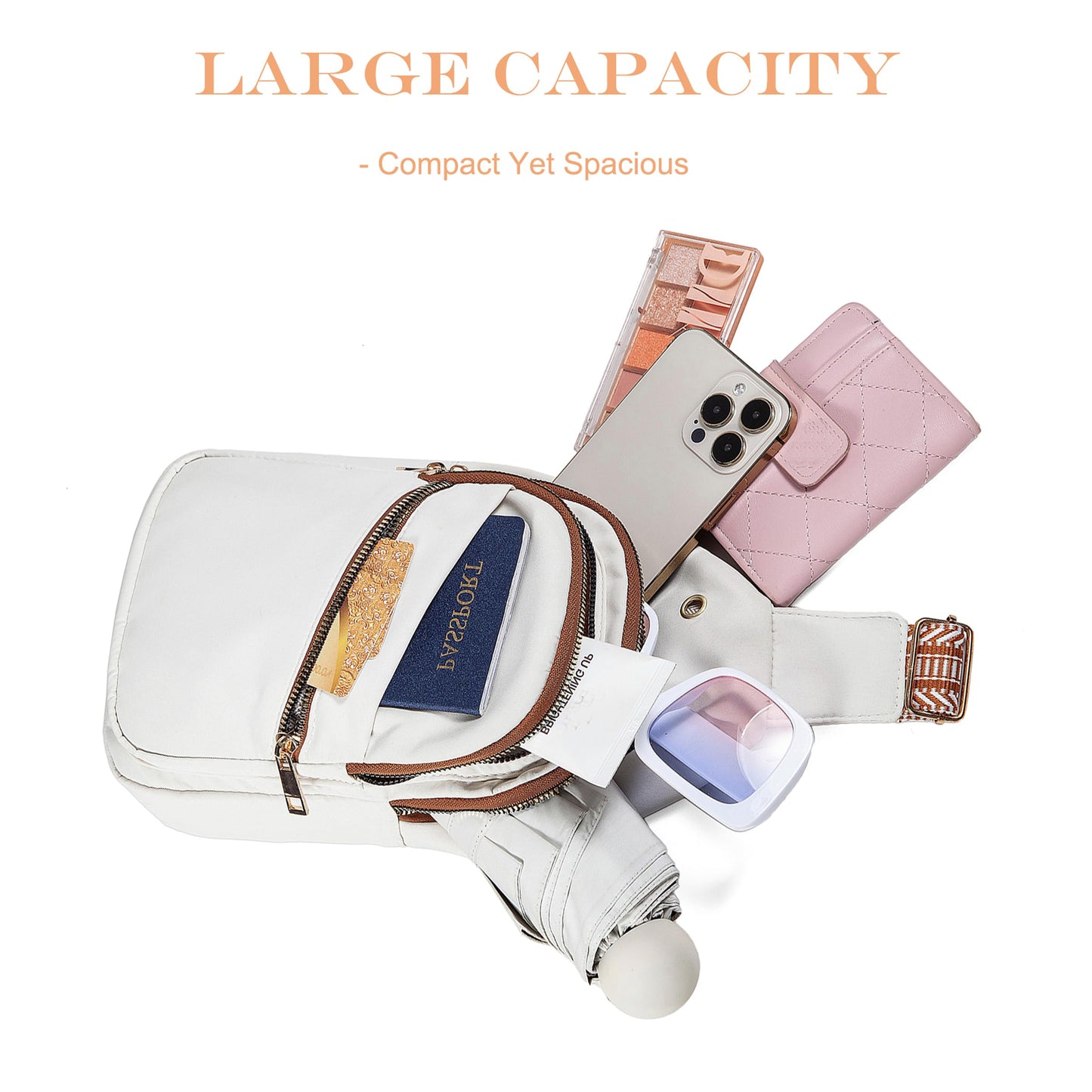 AOSTIHOT Small Crossbody Bags Sling Bag for Women, Sling Backpack Chest Daypack Cross Body for Travel Casual Running Hiking White Brown